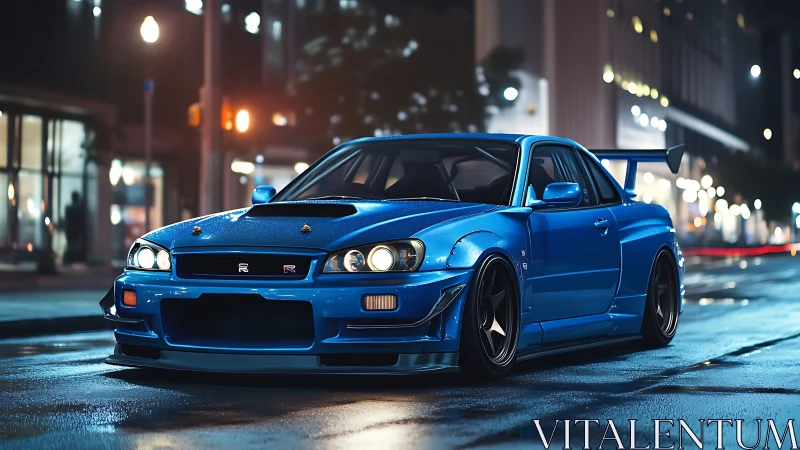 Blue modified sports coupe is parked on wet city street
