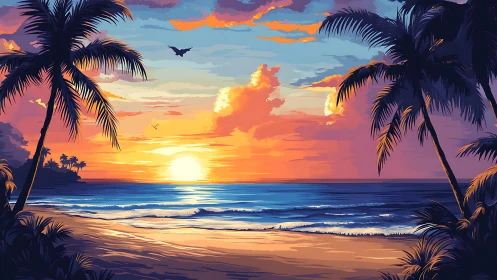 Tropical shoreline sunset with stylized palm silhouettes.