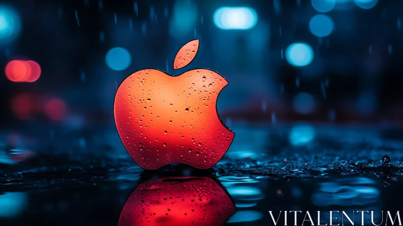 Red apple-shaped logo stands in wet urban night scene