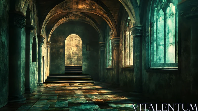 Digital corridor render shows vaulted arches and stained windows