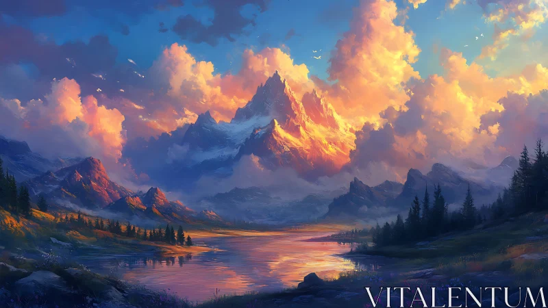 Sunlit alpine peaks blaze above a tranquil reflective lake