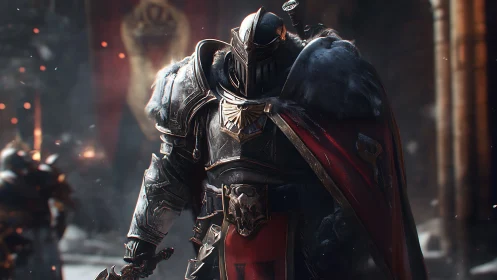 Armored medieval warrior in red cloak inside stone hall.