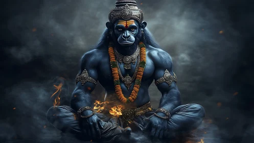 Majestic blue simian guardian meditates in fiery stillness