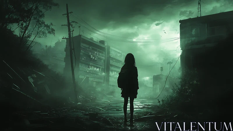 Silhouetted child stands in foggy, ruined city street at dusk
