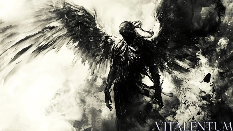 Dark winged entity in high contrast monochrome abstraction.