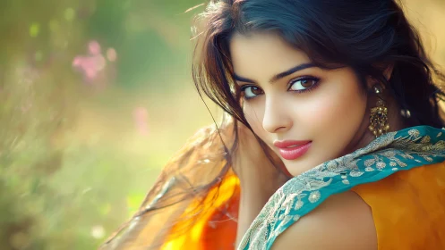 Soft-focus portrait of woman in embroidered teal dupatta outdoors