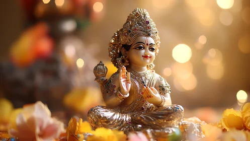 Golden Hindu deity statue glows amid soft bokeh lights