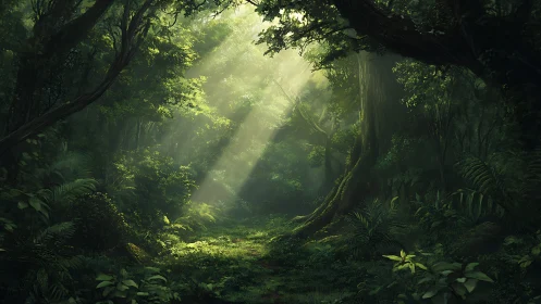 Ancient Forest Cathedral with Celestial Luminescence Through Towering Canopy