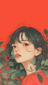 Freckled girl emerges from vivid leaves against bold red