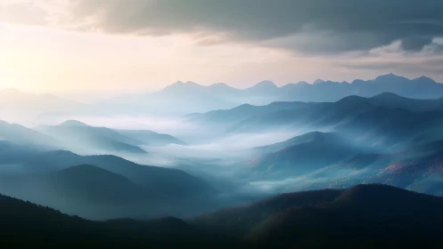 Layered blue mountain ridges recede into misty morning light