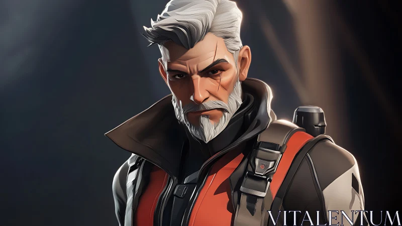 Seasoned futuristic hero with a calm, determined gaze.