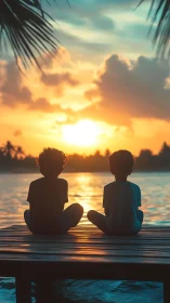 Children on lakeside pier watching calm tropical sunset.