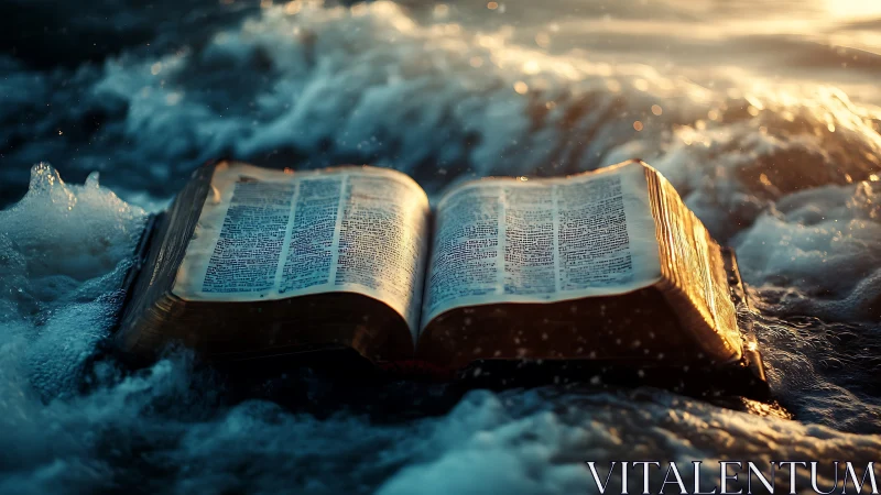 Sacred pages drift against a storm of luminous seawater.