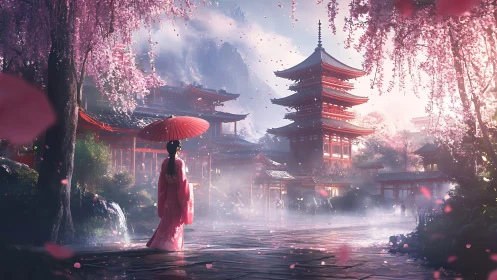 Cherry blossom temple courtyard with robed figure and pagoda.