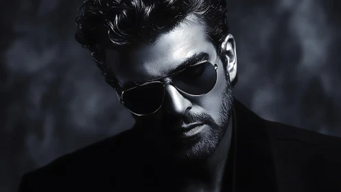 High contrast monochrome portrait isolates male subject in shadow