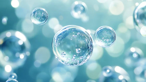 Suspended transparent bubbles over defocused aqua background.