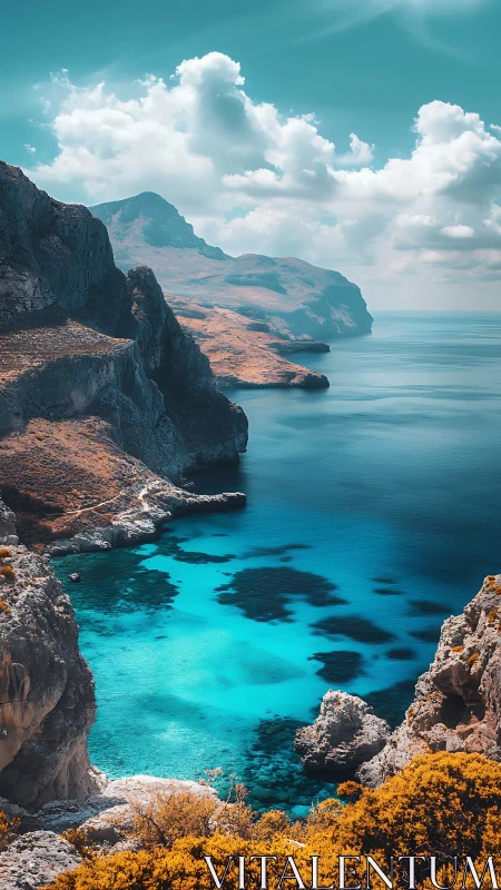 Turquoise coastal bay meets rugged cliffs under bright clouds