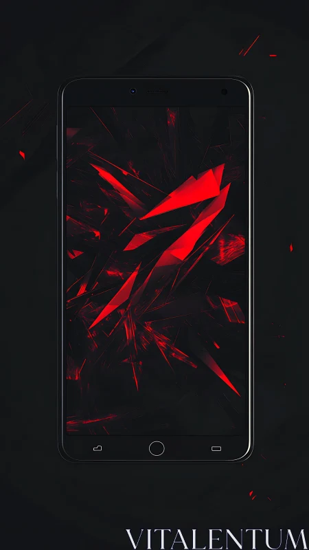Black smartphone with red abstract geometric display graphic.