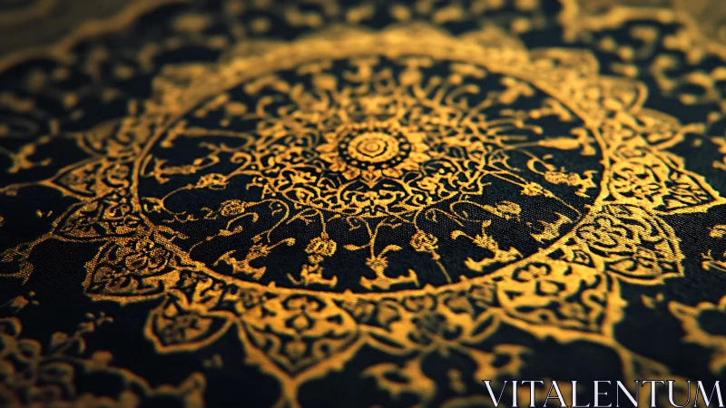 Ornate circular gold mandala pattern on dark fabric surface.