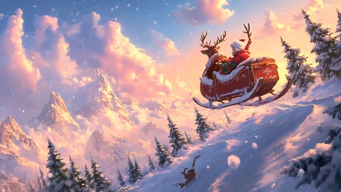 Santa sleigh ascends snowy alpine ridge in golden sunset.