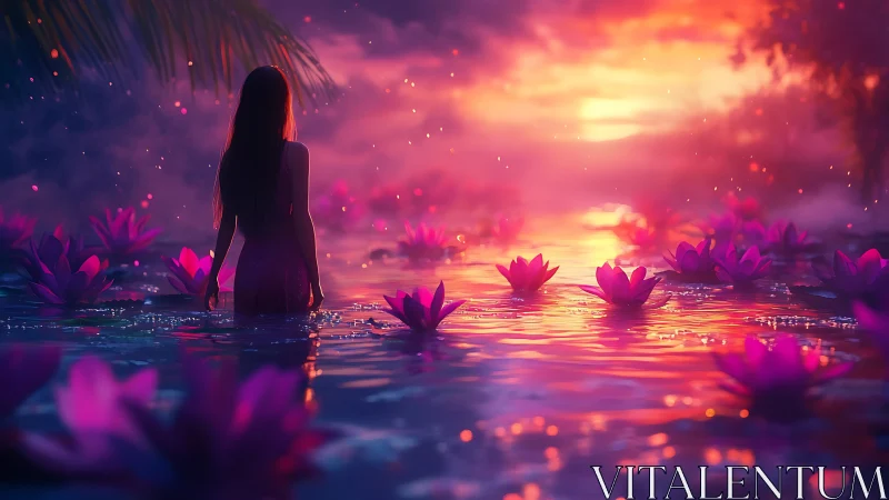 Silhouette girl stands in lotus filled water at vivid sunset