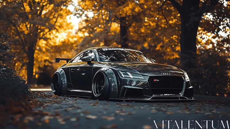 Modified Audi TT RS parked low on forest road in autumn