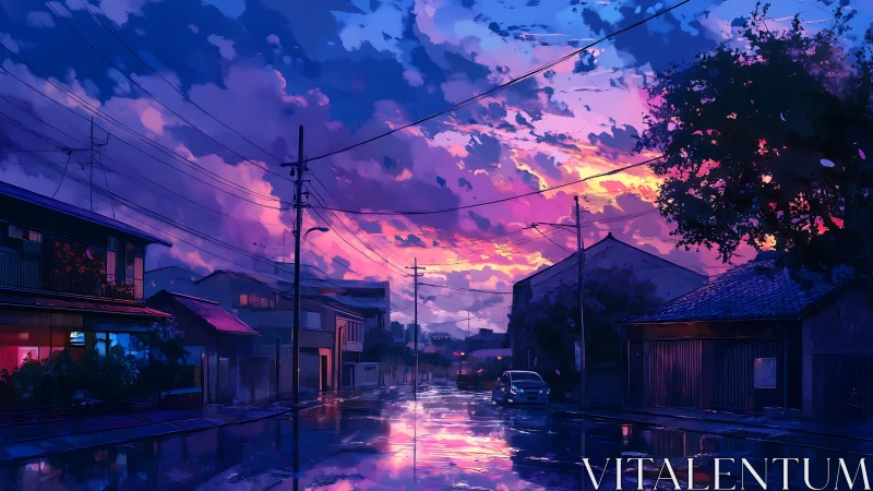 Neon dusk street reflection under vivid storm clouds.