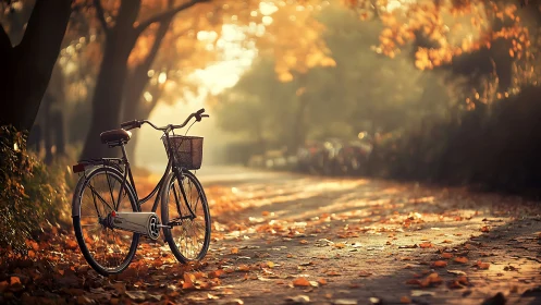 Vintage bicycle with wicker basket on tree-lined autumn path bathed in golden hour sunlight
