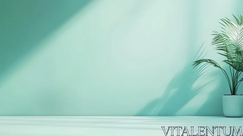 Soft mint wall and sunlit potted palm in quiet morning glow.