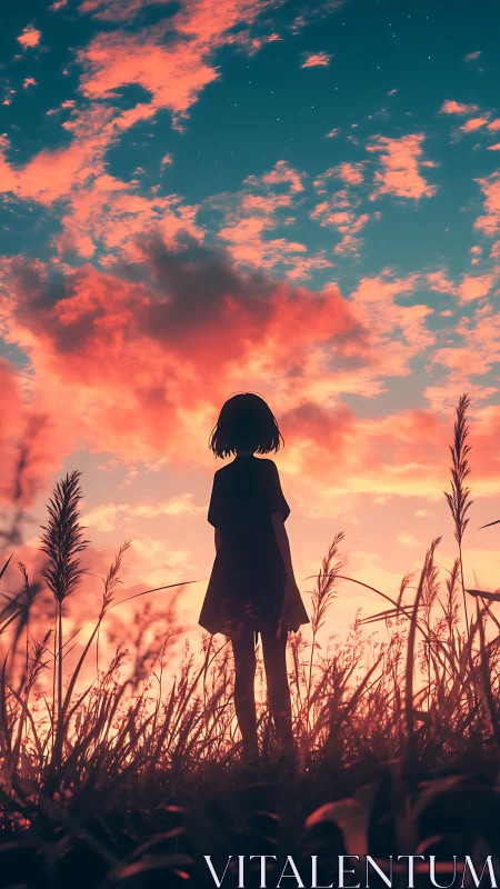 Silhouetted girl in tall grass under vivid cyan sunset sky.