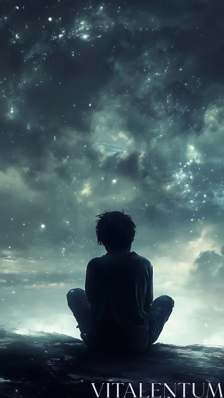 Silhouetted figure observing a luminous cosmic night sky