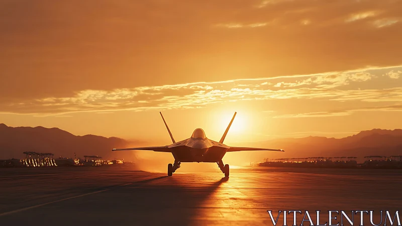 Stealth jet waits on a sunlit runway as dusk blazes behind