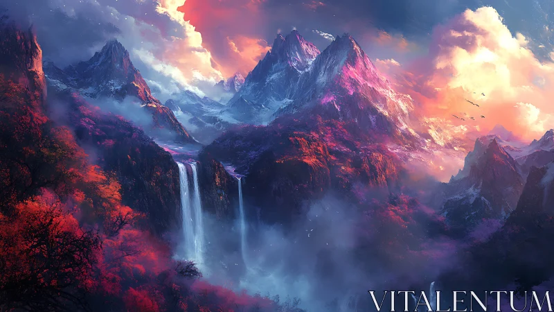 Dreamy violet mountains with glowing falls at sunset.