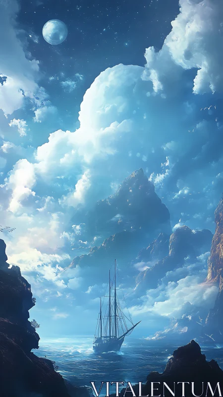 Sailing ship moves through moonlit sea framed by vast clouds