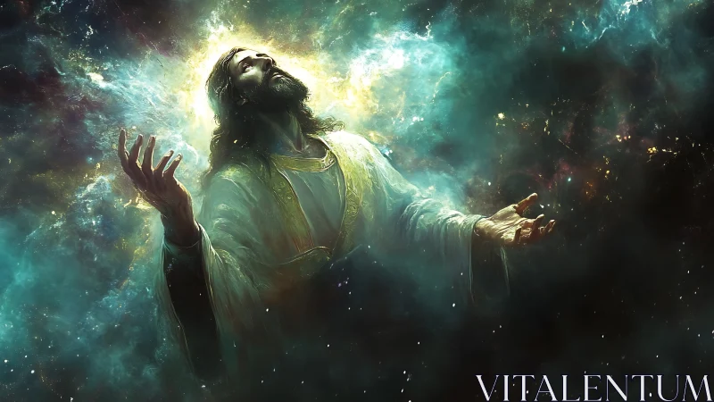 Radiant cosmic figure opening their arms to starlight.