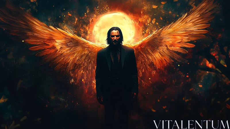 Stoic winged guardian framed by a glowing lunar firestorm.