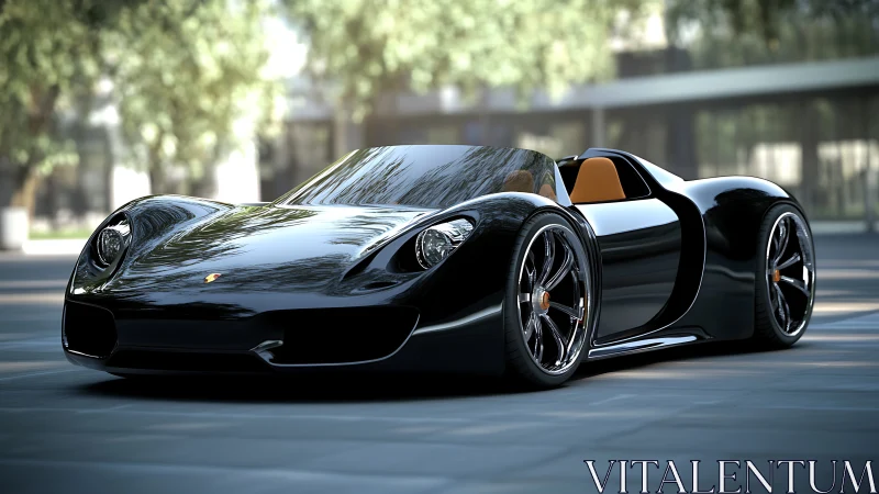 Sleek black sports car rests in soft urban courtyard light