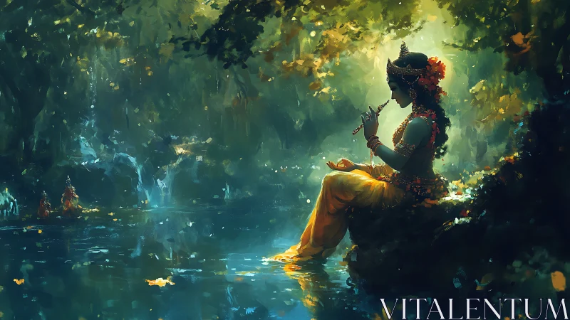 Divine musician rests by a luminous forest river at dusk.