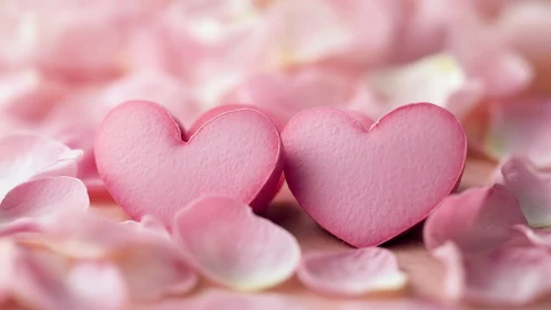 Dual Felt Textile Hearts Nestled Among Rose Petals. Macro