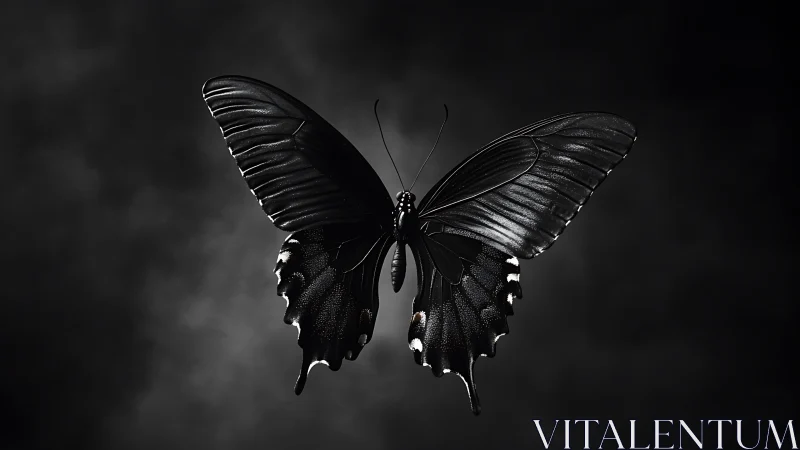 Photorealistic monochrome butterfly in dramatic high-contrast lighting.