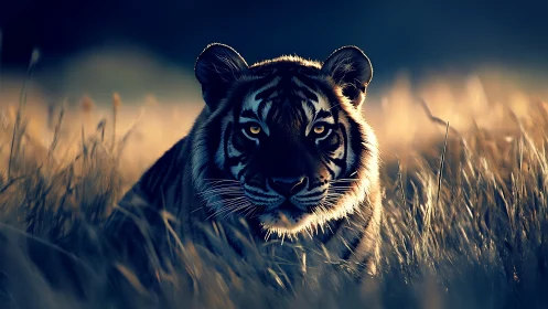 Sunlit tiger emerging through backlit savanna grasses at dusk