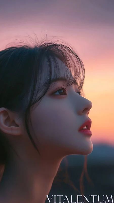 Soft sunset profile of a girl gazing toward distant light