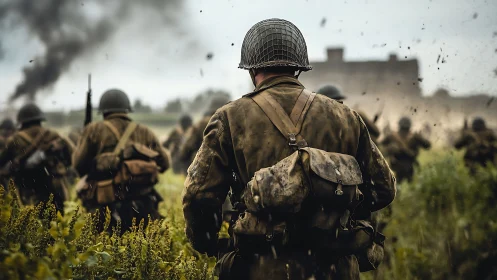 Infantry soldiers advance through battlefield under fire.