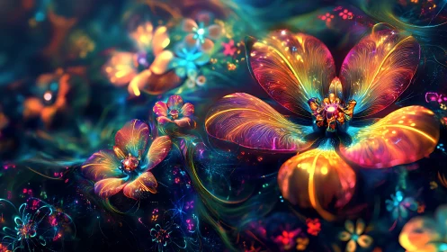 Multicolored digital blossoms in abstract luminous field.