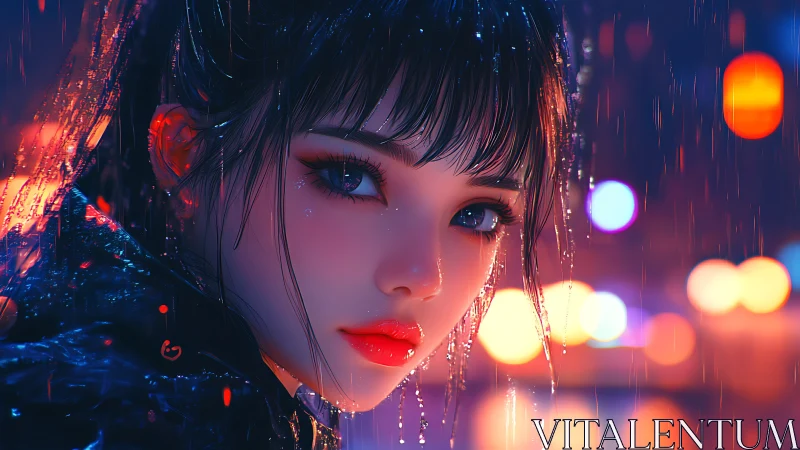 Neon lit anime girl portrait in dramatic city rain.