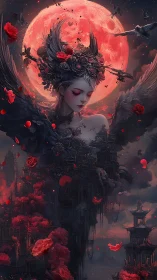 Gothic winged maiden merges with vertical city beneath blood moon