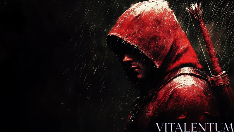 Hooded archer in red jacket stands under falling rain