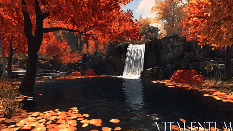 Golden autumn waterfall pool glows beneath fiery trees