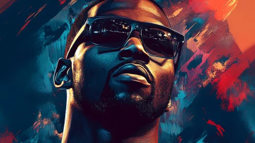 Bold digital portrait with neon strokes and reflective shades.