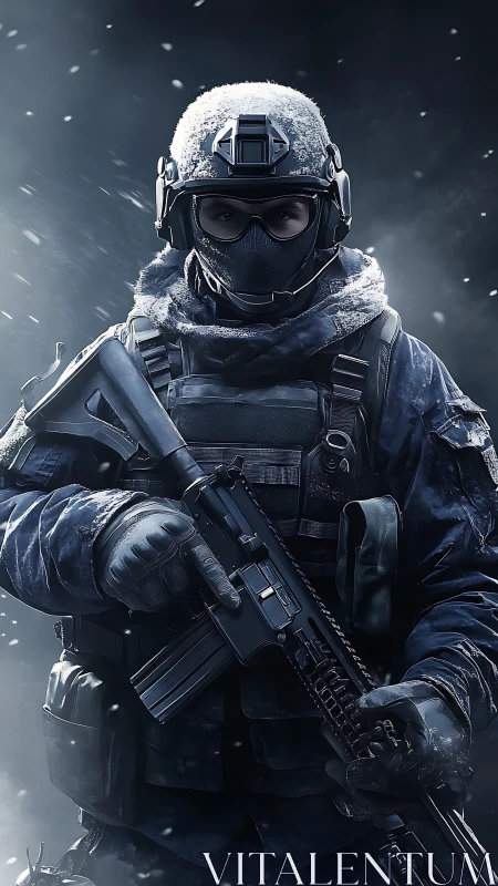 Armed tactical soldier in winter combat uniform holding rifle.